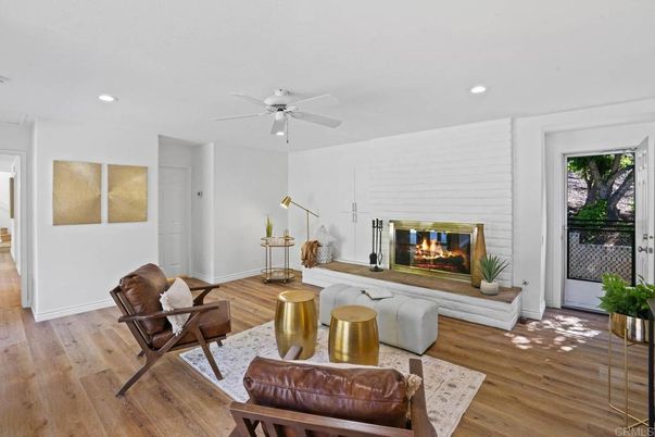 Fireplace, Interior, Living room, Recessed Lighting, Wood Texture Flooring