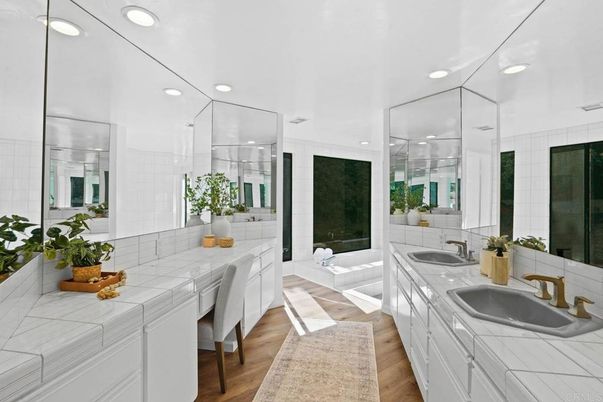 Bathroom, Dual Sink Vanities, Glass Shower, Interior, Recessed Lighting, Tile Countertops, Wood Texture Flooring