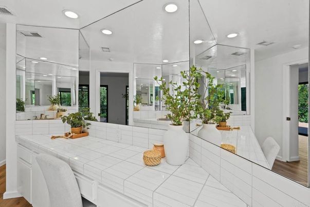 Bathroom, Interior, Recessed Lighting, Tile Countertops, Wood Texture Flooring