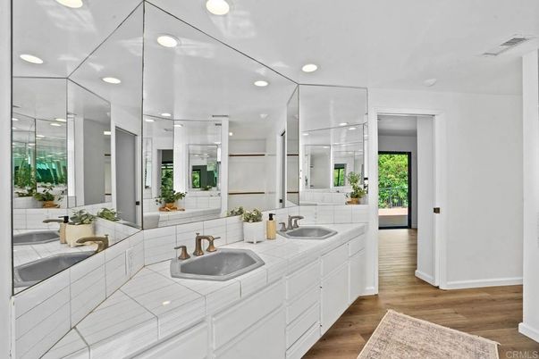 Bathroom, Dual Sink Vanities, Interior, Recessed Lighting, Tile Countertops, Wood Texture Flooring