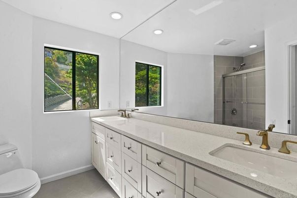 Bathroom, Dual Sink Vanities, Glass Shower, Interior, Recessed Lighting