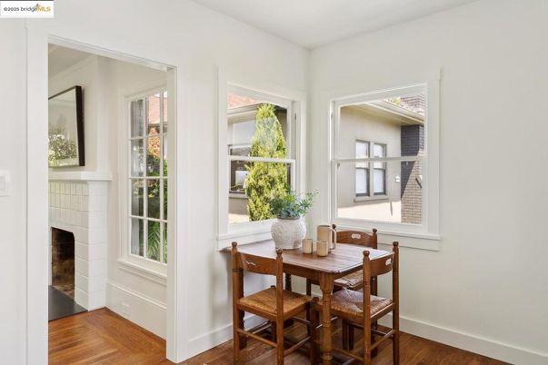 Dining room, Fireplace, Interior, Wood Texture Flooring