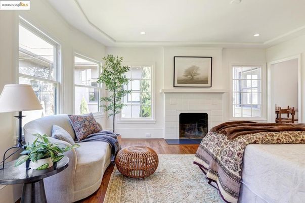 Bedroom, Fireplace, Interior, Recessed Lighting, Wood Texture Flooring