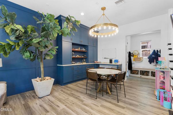 Dining room, Interior, Pendant Lights, Recessed Lighting, Wood Texture Flooring