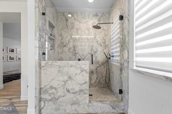 Bathroom, Interior, Marble Walls, Recessed Lighting, Wood Texture Flooring