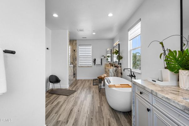 Bathroom, Free Standing Baths, Interior, Recessed Lighting, Wood Texture Flooring
