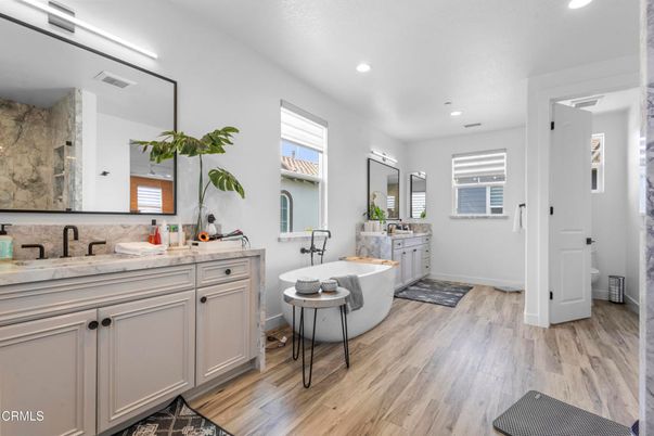 Bathroom, Dual Sink Vanities, Interior, Recessed Lighting, Wood Texture Flooring