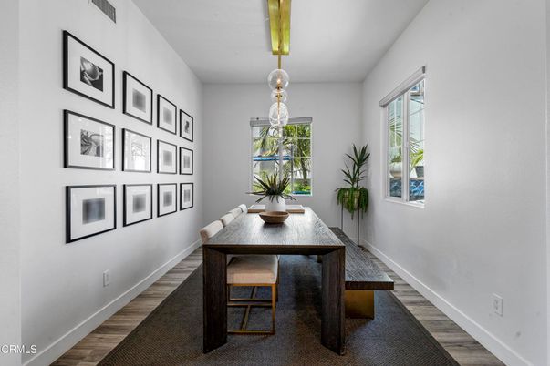 Dining room, Interior, Pendant Lights, Wood Texture Flooring