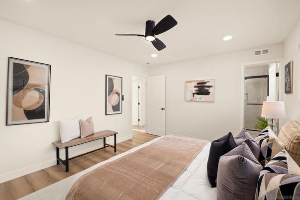 Bedroom, Interior, Recessed Lighting, Wood Texture Flooring