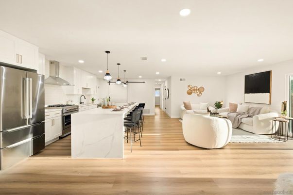 Interior, Kitchen, Living room, Pendant Lights, Recessed Lighting, Stainless Steel Appliances, Wood Texture Flooring