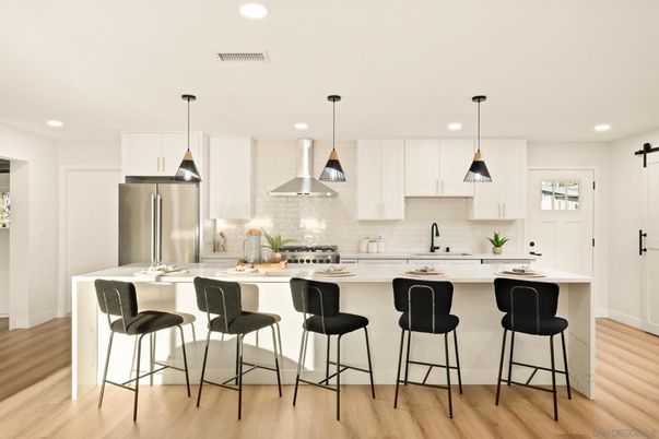 Interior, Kitchen, Pendant Lights, Recessed Lighting, Stainless Steel Appliances, Wood Texture Flooring