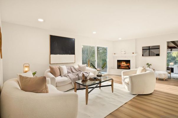 Fireplace, Interior, Living room, Recessed Lighting, Wood Texture Flooring