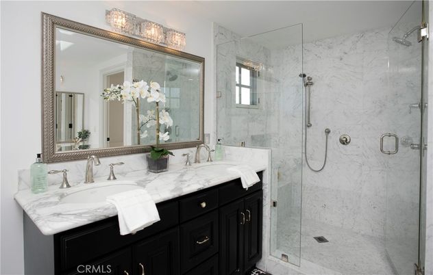 Bathroom, Dual Sink Vanities, Glass Shower, Interior, Marble Walls