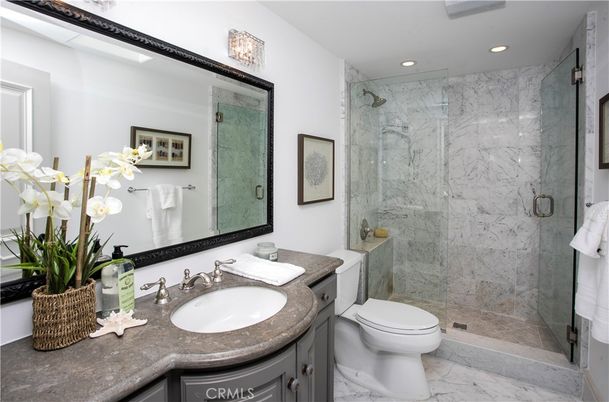 Bathroom, Glass Shower, Interior, Marble, Marble Walls, Recessed Lighting