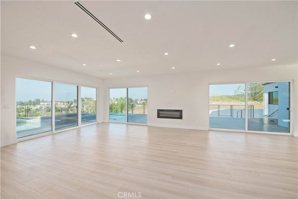 Empty room, Fireplace, Interior, Recessed Lighting, Wood Texture Flooring