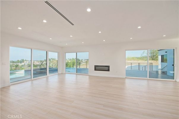 Empty room, Fireplace, Interior, Recessed Lighting, Wood Texture Flooring