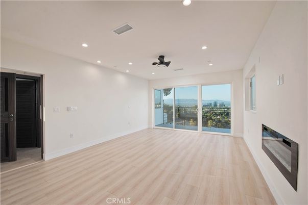 Empty room, Fireplace, Interior, Recessed Lighting, Wood Texture Flooring