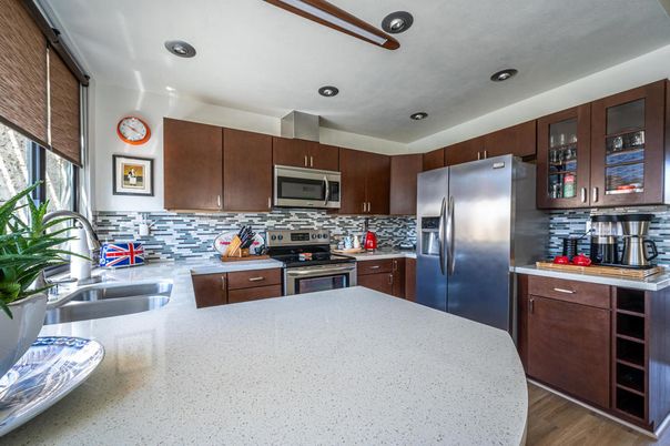Interior, Kitchen, Recessed Lighting, Stainless Steel Appliances, Wood Texture Flooring