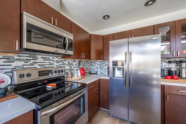 Interior, Kitchen, Recessed Lighting, Stainless Steel Appliances, Wood Texture Flooring