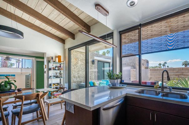 Dining room, Interior, Kitchen, Pendant Lights, Wooden Beams, Wood Texture Flooring