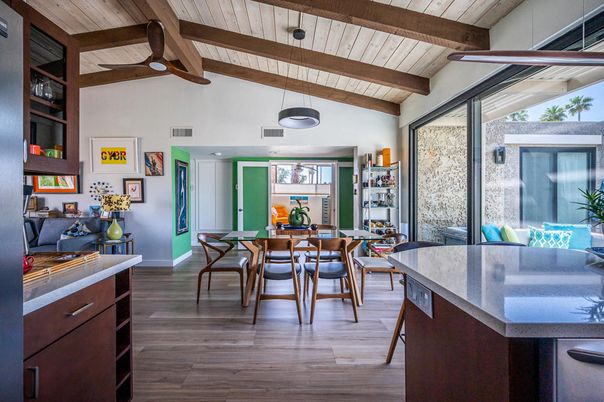 Dining room, Interior, Pendant Lights, Wooden Beams, Wood Texture Flooring