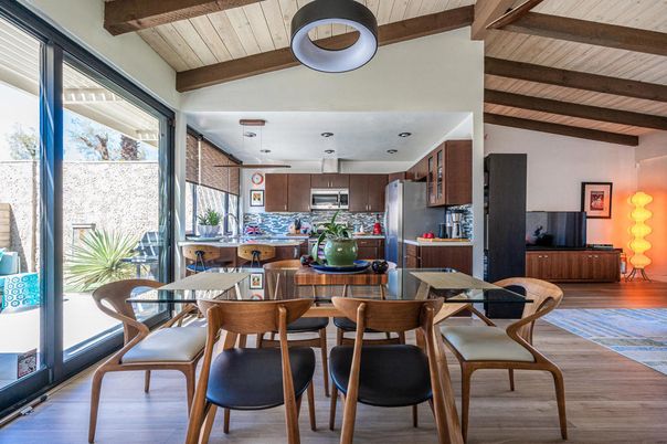 Dining room, Interior, Kitchen, Stainless Steel Appliances, Wooden Beams, Wooden Ceilings, Wood Texture Flooring