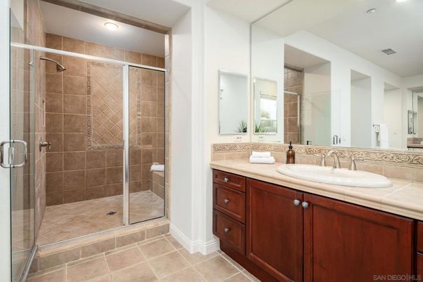 Bathroom, Glass Shower, Interior, Recessed Lighting, Tile Countertops
