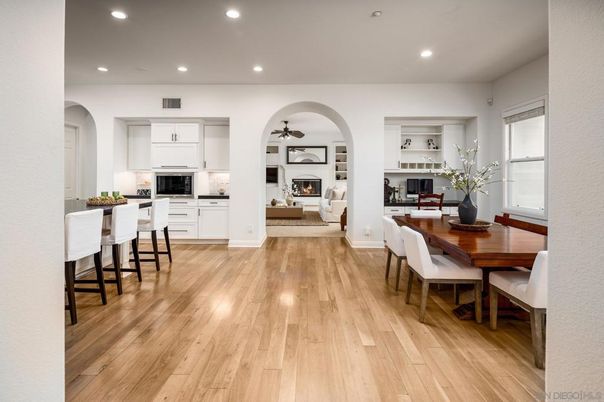 Dining room, Fireplace, Interior, Kitchen, Living room, Recessed Lighting, Wood Texture Flooring