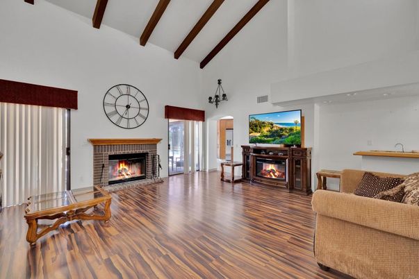 Fireplace, Interior, Living room, Recessed Lighting, Wooden Beams, Wood Texture Flooring