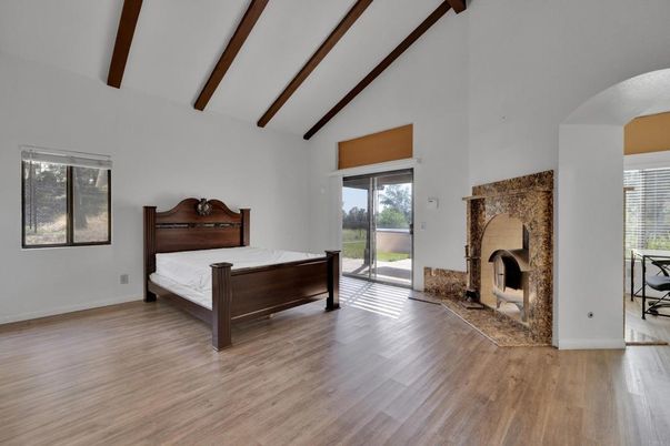 Bedroom, Fireplace, Interior, Wooden Beams, Wood Texture Flooring