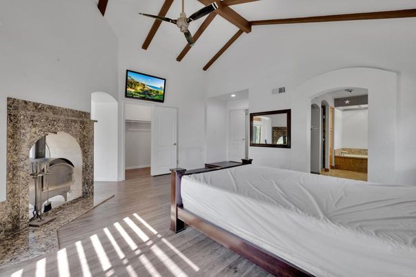 Bedroom, Fireplace, Interior, Wooden Beams, Wood Texture Flooring