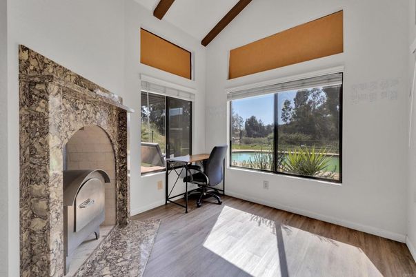 Fireplace, Home Office, Interior, Stone Walls, Wooden Beams, Wood Texture Flooring