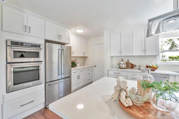 Interior, Kitchen, Recessed Lighting, Stainless Steel Appliances, Wood Texture Flooring