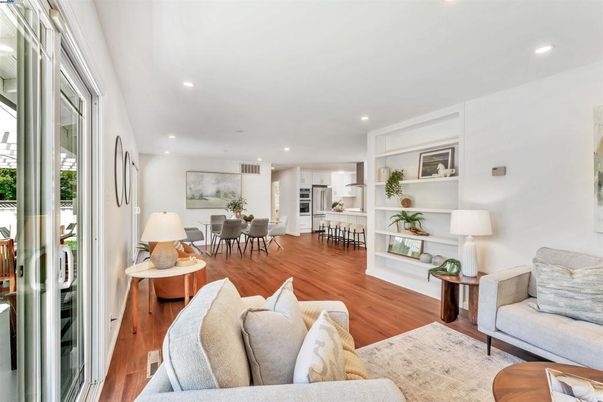 Dining room, Interior, Kitchen, Living room, Recessed Lighting, Stainless Steel Appliances, Wood Texture Flooring