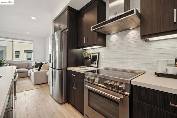 Interior, Kitchen, Living room, Recessed Lighting, Stainless Steel Appliances, Wood Texture Flooring