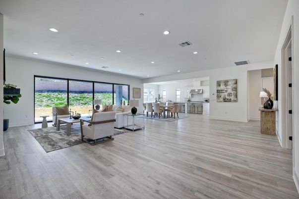 Dining room, Interior, Living room, Recessed Lighting, Wood Texture Flooring