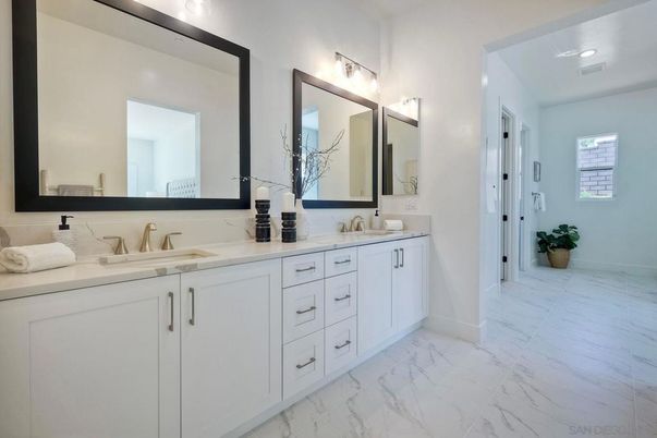 Bathroom, Dual Sink Vanities, Interior, Marble, Recessed Lighting