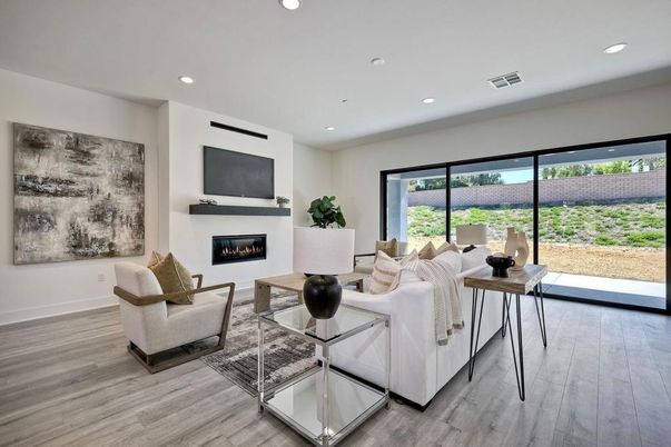 Fireplace, Interior, Living room, Recessed Lighting, Wood Texture Flooring