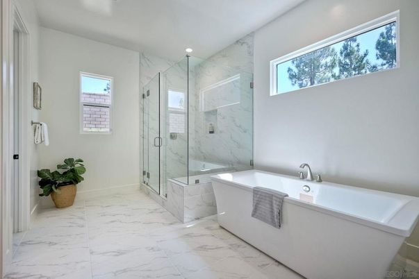 Bathroom, Free Standing Baths, Glass Shower, Interior, Marble, Marble Walls, Recessed Lighting