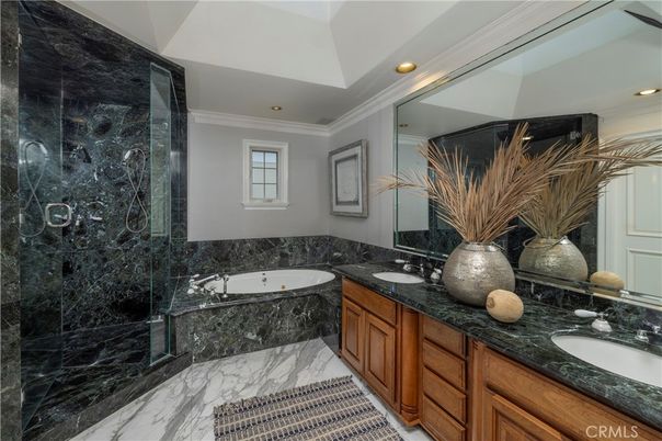 Bathroom, Dual Sink Vanities, Glass Shower, Interior, Marble, Recessed Lighting