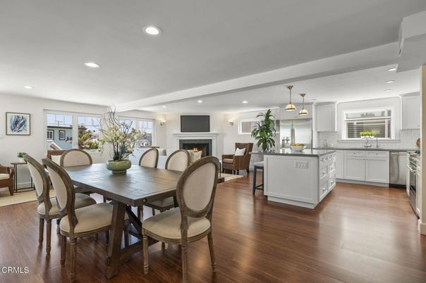 Dining room, Fireplace, Interior, Kitchen, Pendant Lights, Recessed Lighting, Wood Texture Flooring