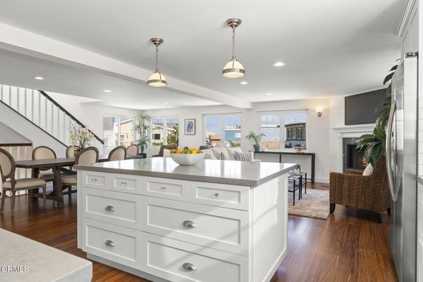 Dining room, Fireplace, Interior, Kitchen, Pendant Lights, Recessed Lighting, Wood Texture Flooring