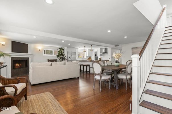 Dining room, Fireplace, Interior, Kitchen, Living room, Pendant Lights, Recessed Lighting, Wood Texture Flooring
