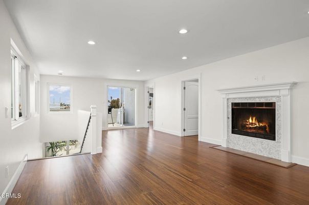 Empty room, Fireplace, Interior, Recessed Lighting, Wood Texture Flooring