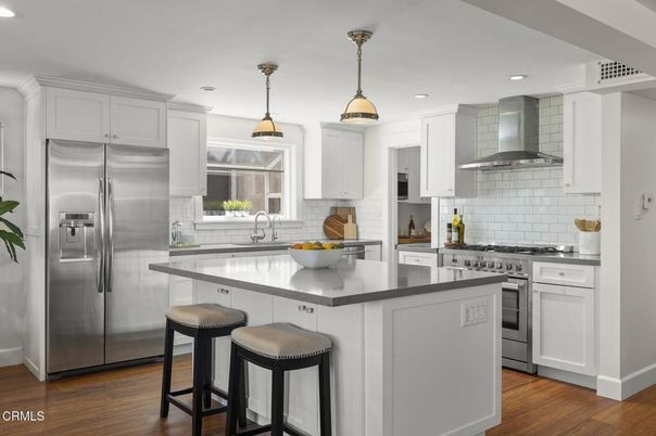 Interior, Kitchen, Pendant Lights, Recessed Lighting, Stainless Steel Appliances, Wood Texture Flooring