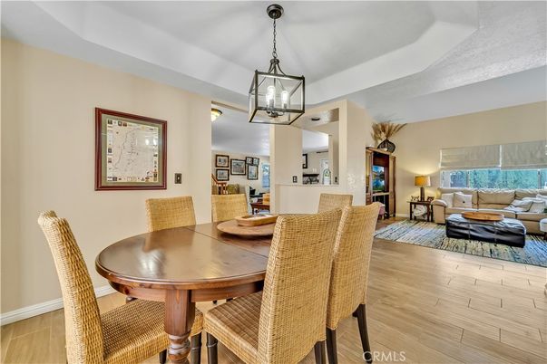 Dining room, Interior, Living room, Pendant Lights, Wood Texture Flooring