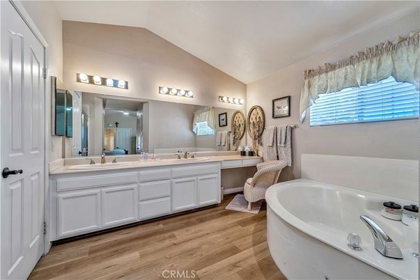 Bathroom, Dual Sink Vanities, Free Standing Baths, Interior, Wood Texture Flooring