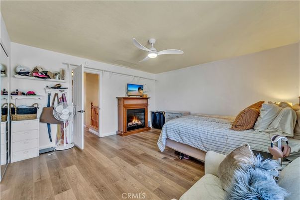 Bedroom, Fireplace, Interior, Wood Texture Flooring