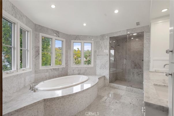 Bathroom, Glass Shower, Interior, Marble Walls, Recessed Lighting
