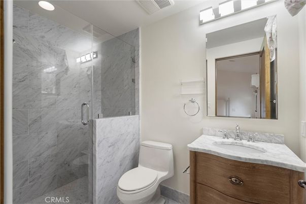 Bathroom, Glass Shower, Interior, Marble Walls, Recessed Lighting